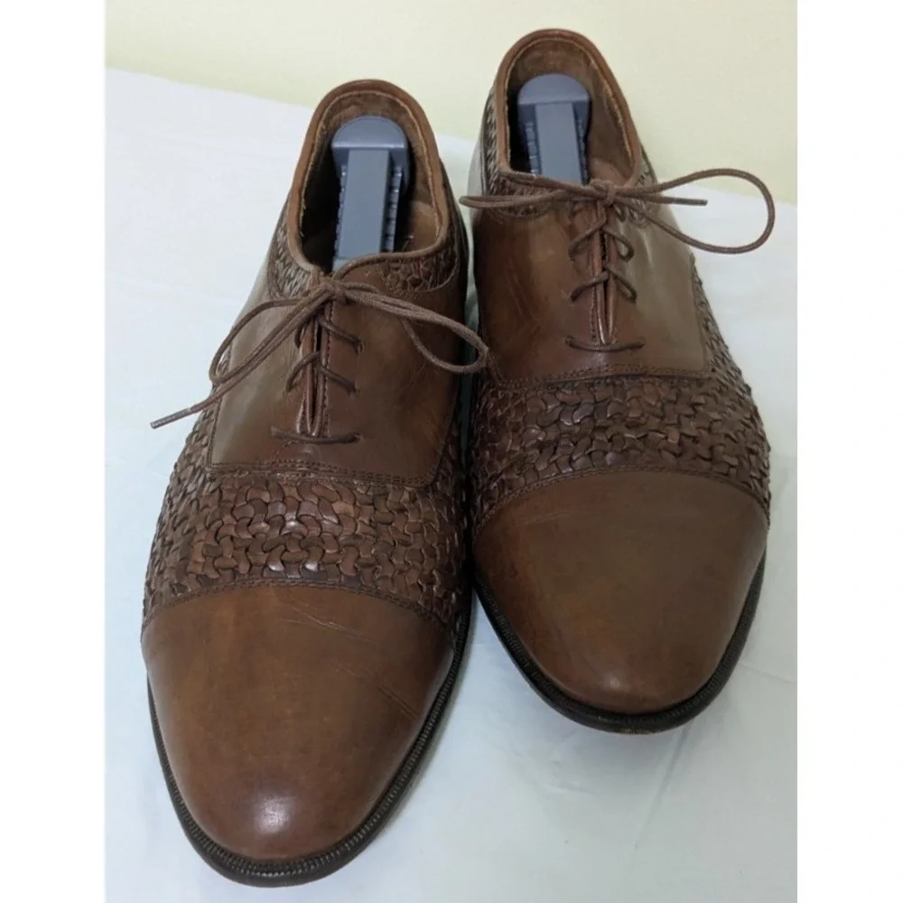 Johnston & Murphy Domani Brown Leather Cap Toe Basketweave Lace Oxford 12M Italy